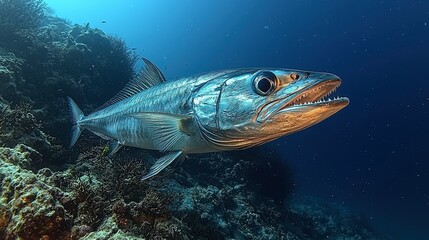 Fototapeta premium Speckled Deep-Sea Fish Near Coral Reef in Dark Blue Ocean