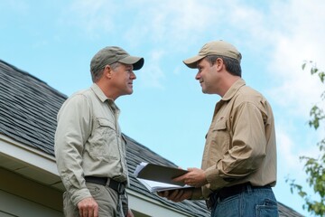 Roofer discusses repair options and costs with homeowner in a sunny outdoor setting