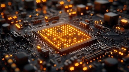 Macro view of illuminated golden circuit board with intricate modern design