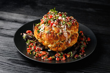 Whole Roasted Cauliflower head with fresh salsa and Greek yoghurt sauce. Healthy food