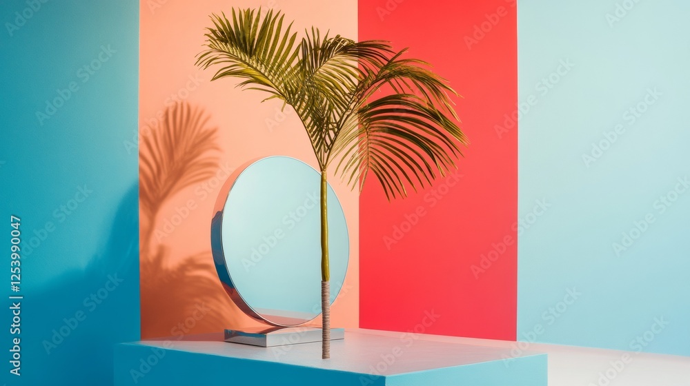 Poster modern minimalist setup with palm and geometric shapes