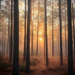 Obraz premium Majestic Loblolly Pines at Sunrise: A Symphony of Light and Nature in a Serene Forest