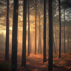 Majestic Loblolly Pines at Sunrise: A Symphony of Light and Nature in a Serene Forest