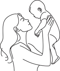 Elegant Line Drawing of Mom Lifting Baby – Vector Art