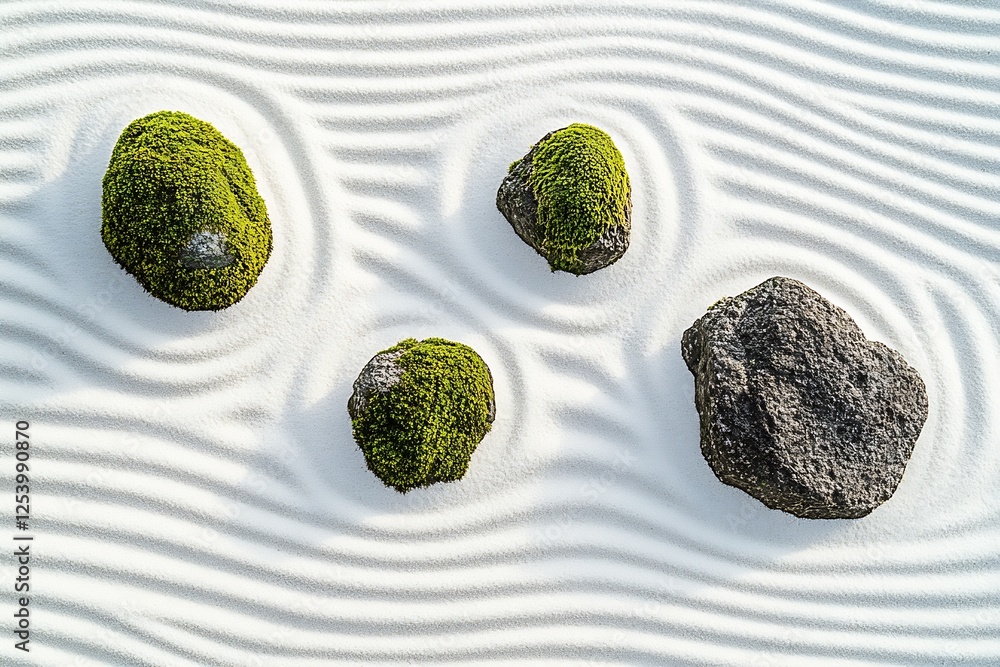 Poster intricate design of zen garden featuring carefully placed moss covered rocks in raked sand patterns 