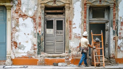 An architectural photographer capturing a historic building restoration process, Historic restoration scene, Preservation craftsmanship style