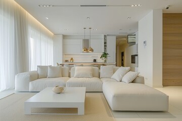 Modern open concept living room in a bright apartment featuring a large white sectional sofa and minimalist decor