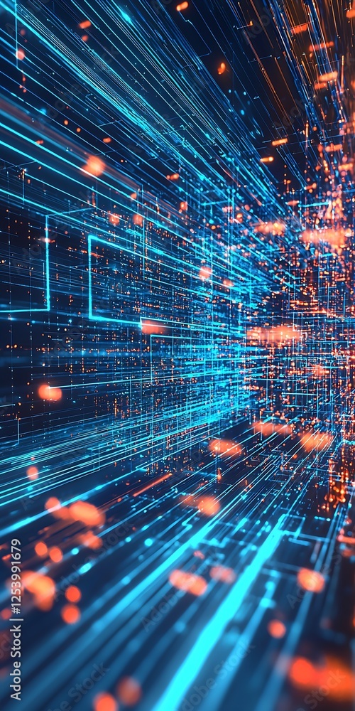 Aufkleber Dynamic blue and orange digital lines creating an abstract futuristic background pattern : Generative AI