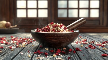 Steaming spice blend in wooden bowl, kitchen window background, culinary image