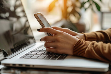 Woman Using Mobile Phone App to Verify Bank Transfer on Laptop