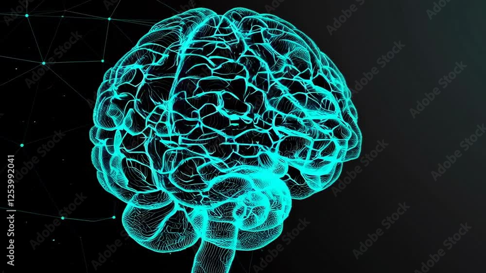 Aufkleber Turquoise wireframe human brain rotating slowly against a dark background with a network of interconnected dots and lines, creating a technological and futuristic atmosphere