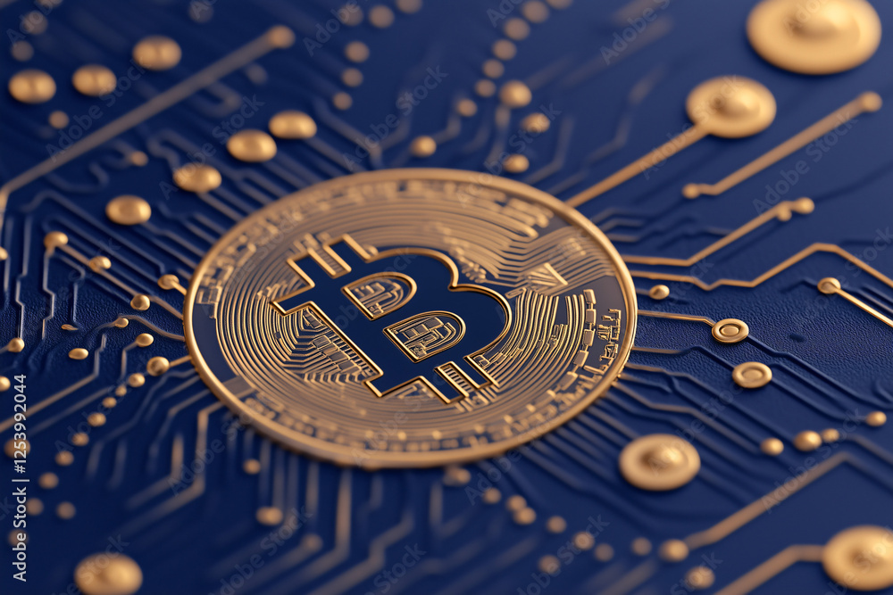 Poster bitcoin on circuit board: close-up view of a golden bitcoin cryptocurrency coin resting on a detaile