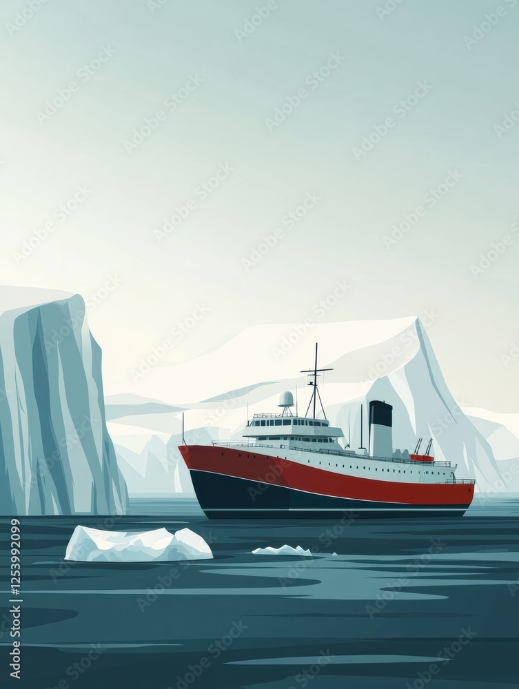 Leinwandbilder Ship navigating icy waters with towering glaciers under a tranquil sky at a remote location. Generative AI
