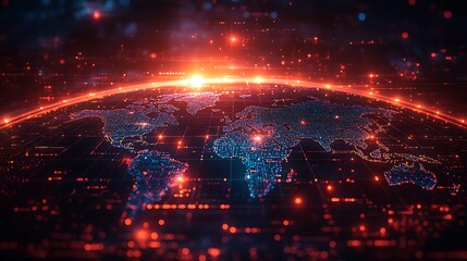 A modern digital world map with luminous blue and red lines circulating around its form