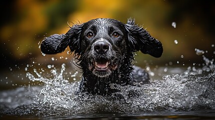 Energetic black Labrador retriever swimming joyfully in a clear river surrounded by nature : Generative AI