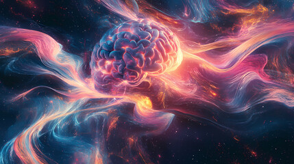 Abstract brain illustration shows neural network activity with vibrant colors and energy. Neural Network Consciousness. Illustration