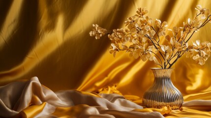 Fototapeta premium Luxurious golden fabric with dried flowers in a vase