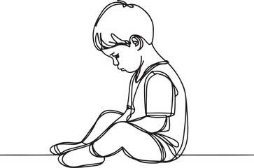Emotional Line Drawing of a Toddler Boy Sitting on Floor. Vector Art