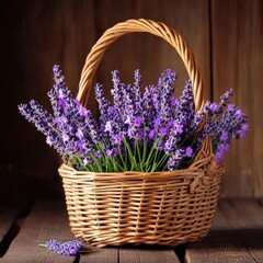 Fototapeta premium Lavender flowers in a wicker basket, beautifully arranged, showcasing vibrant purple hues, perfect for decoration, relaxation, and aromatherapy concept