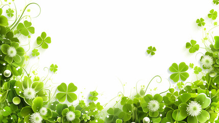 Vibrant green clovers and floral patterns create a fresh spring atmosphere with a bright white background