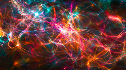 Abstract neural network: neon connections & conscious firing neurons - long exposure stock photo. Neural Network Consciousness. Illustration
