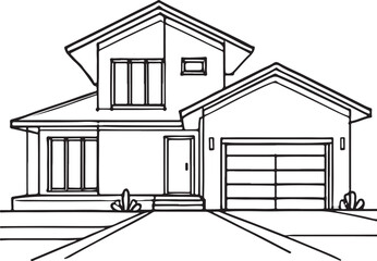 Contemporary Single-Family Home with Garage - Line Art Vector Design