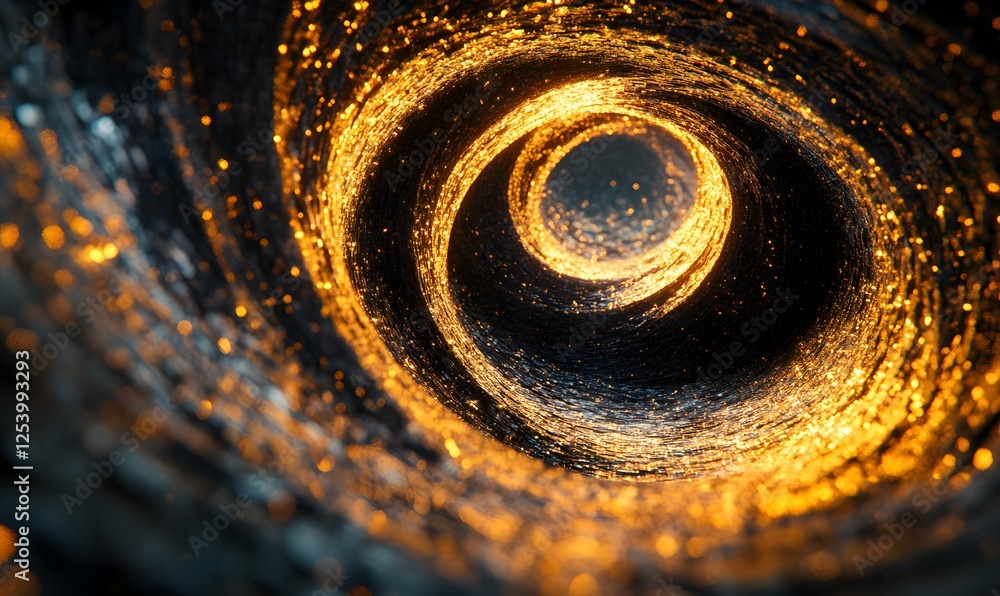 Poster abstract golden swirl of light particles in dark space with a tunnel effect