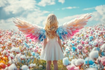 Fototapeta premium Girl with colorful wings flower field fantasy scene outdoor back view imagination and wonder