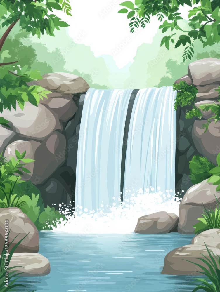 Leinwandbilder waterfall cascading over rocks in a tranquil forest setting with vibrant greenery and a peaceful poo