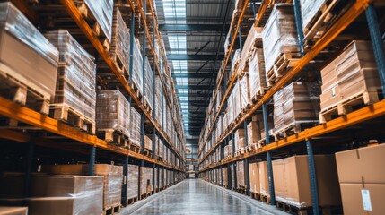 Fototapeta premium Industrial warehouse with stacked pallets in geometric alignment
