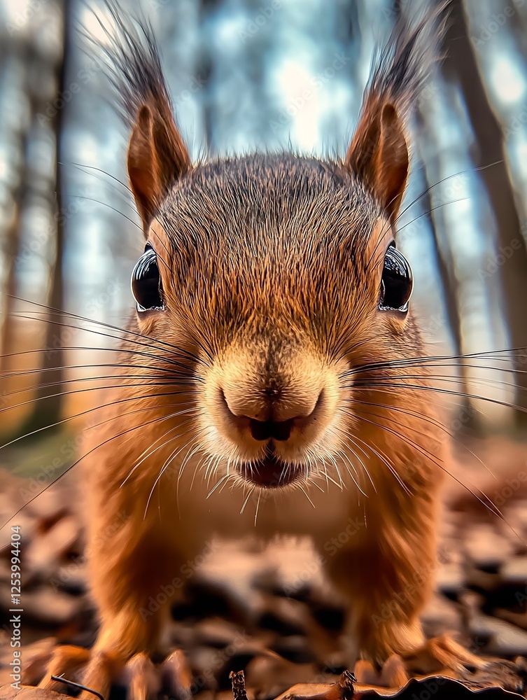 Poster close up of a curious squirrel with big eyes in a forest setting surrounded by leaves : generative a