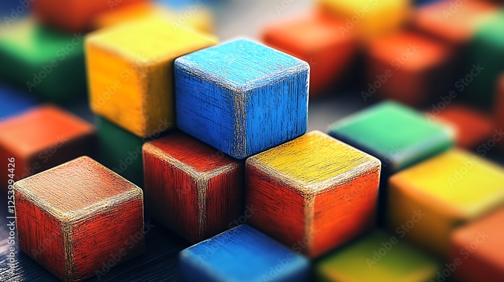 Poster brightly colored wooden blocks stacked together inviting children to explore and engage in imaginati