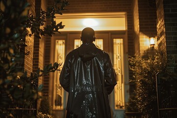 Man Knocking on Door in Front of House