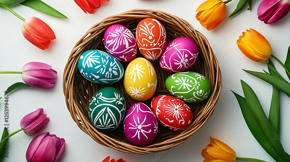 Aufkleber vibrant and colorful easter eggs arranged in a basket surrounded by beautiful tulips : generative ai