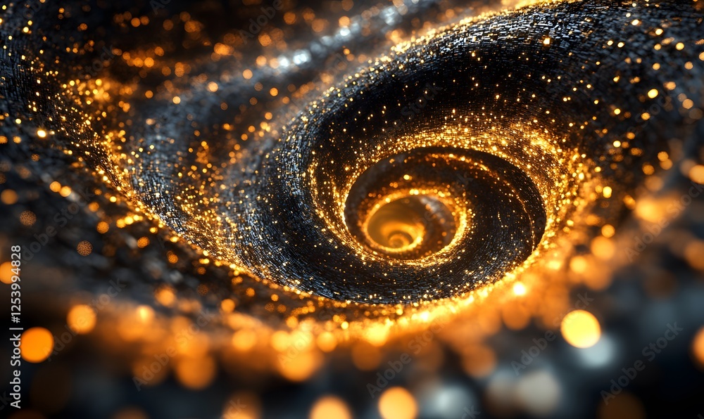 Poster abstract swirling vortex with gold sparkles against dark textured background creating a sense of dep