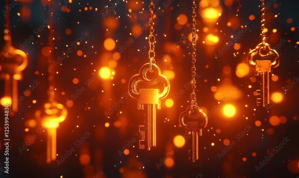 Poster elegant golden keys hanging from chains against a backdrop of glowing bokeh lights