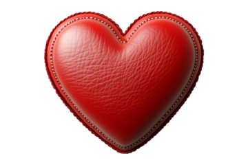 Red leather heart with visible stitching details, textured surface and smooth finish isolated on white background