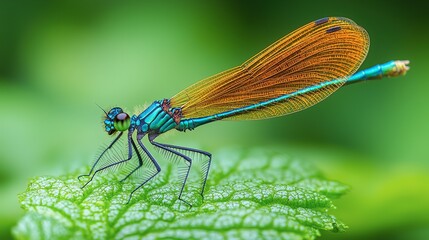 Vibrant Damselfly with Iridescent Wings Resting on a Green Leaf in a Natural Environment