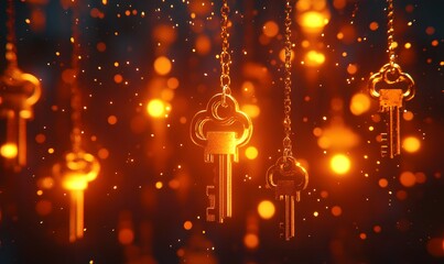 Elegant golden keys hanging from chains against a backdrop of glowing bokeh lights