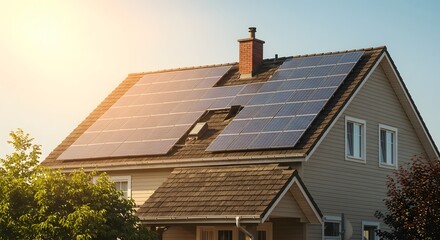 solar panel fitted on the house roof, Sustainable Energy, Clean energy at home, banner type