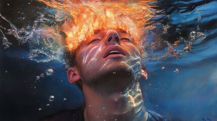 Fiery Headed Man in Water, a surreal depiction of a man with a flame-shaped head, immersed in a tranquil aquatic environment, vibrant colors and intricate details