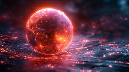 A global technology concept featuring a glowing sphere with digital light flows