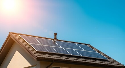 Fototapeta premium solar panel fitted on the house roof, Sustainable Energy, Clean energy at home, banner type