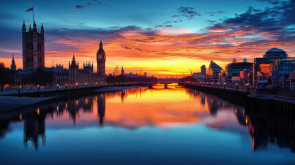 Sunrise Over London Skyline With Reflections On River