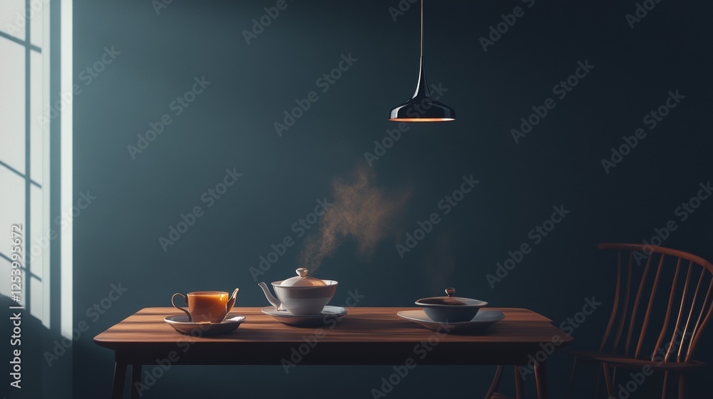 Poster moody dining table setup with steaming cups and soft lighting