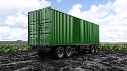 Green shipping container truck on muddy field