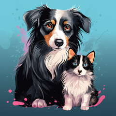 Fototapeta premium Joyful dog and cat relaxing together at home, cut out transparent background