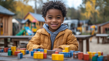 Smiling boy playing with colorful blocks in outdoor playground during autumn afternoon