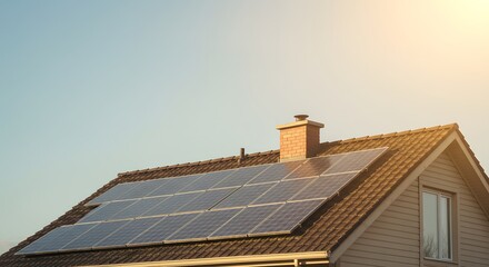 Fototapeta premium solar panel fitted on the house roof, Sustainable Energy, Clean energy at home, banner type