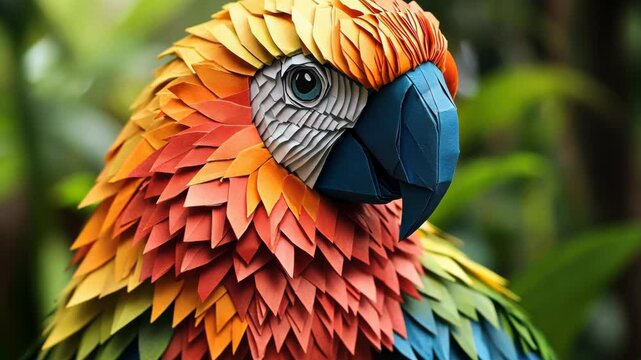 Colorful paper art of a parrot showcases creativity and craftsmanship in an artistic setting